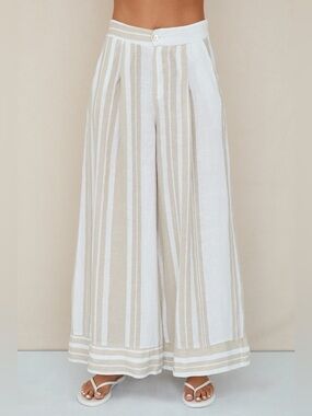 (154018-1-STRIPE-W/B)  STRIPE LINEN WIDE LEG PLAZZO PANTS